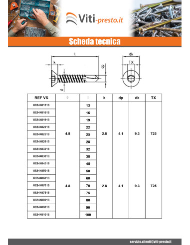 1 x Zelfborende schroef gefreesde kop 4.8X75...