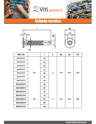 1 x Zelfborende schroef gefreesde kop 5,5X75...
