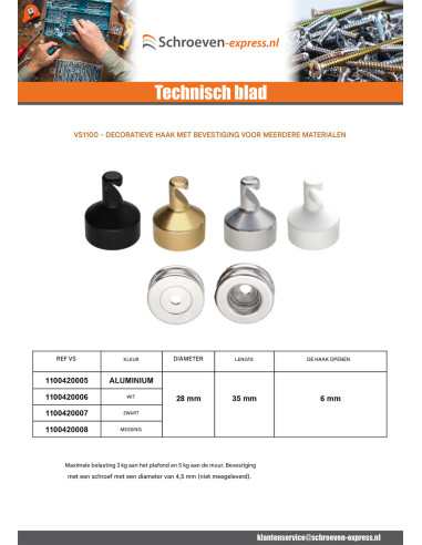1 x Haak decoratief Aluminium met bevestiging...