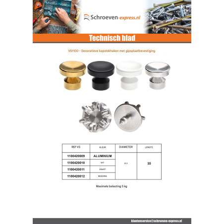 1 x Kapstok decoratief Aluminium Zwart met bevestiging voor gipsplaat L'ATTACHANTE