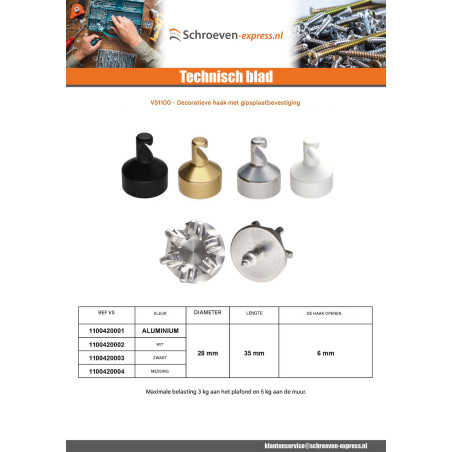 1 x Haak decoratief Messing met bevestiging voor gipsplaat L'ATTACHANTE
