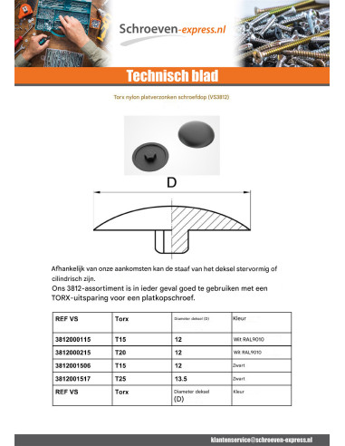 1 x Schroefkopafdekking TORX T20 kopdiameter 12...
