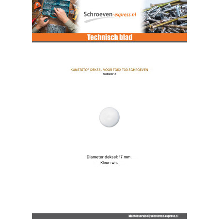 1 x Schroefkopafdekking TORX T30 kopdiameter 17 Polietileno branco