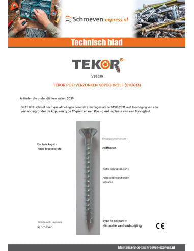 1 x TEKOR houtschroeven gefreesde kop kartel...