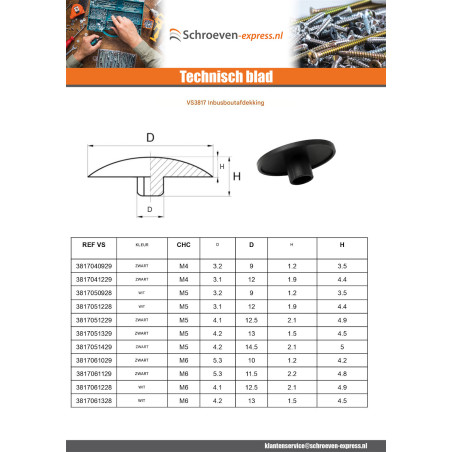 1 x Schroefkopafdekking CHC BTR M16 kopdiameter 19 Zwart