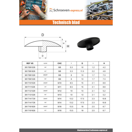 1 x Schroefkopafdekking CHC BTR M14 kopdiameter 17.5 Zwart