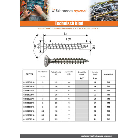 1 x SPAX T-STAR MEER gefreesde kop TORX T20 RVS A2 4,5X45 volledige draad