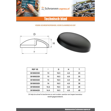 1 x Schroefkopafdekking TORX T30 kopdiameter 16.5 Polietileno branco voor cilindrische kop