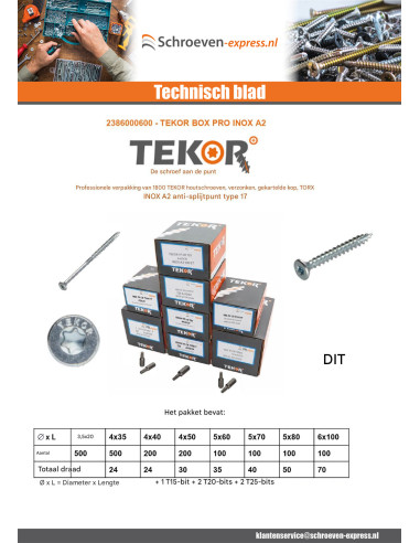 1 x TEKOR PAK PRO 1800 Schroeven gefreesde kop...