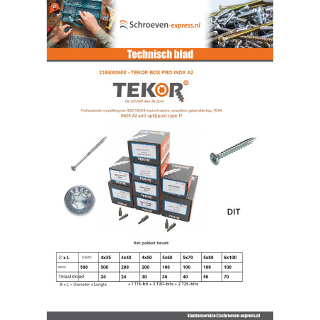 1 x TEKOR PAK PRO 1800 Schroeven gefreesde kop kartel TORX RVS A2