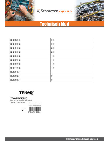 1 x TEKOR PAK PRO 1800 Schroeven gefreesde kop...