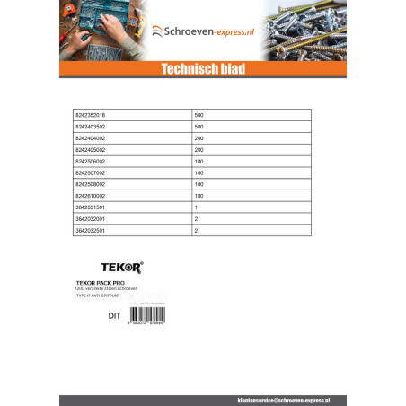 1 x TEKOR PAK PRO 1800 Schroeven gefreesde kop kartel TORX RVS A2