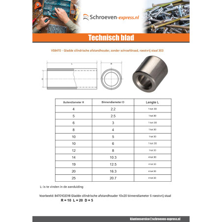 1 x Afstandbus cilindrisch glad 6x5 diameter binnen 3 RVS