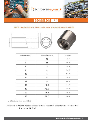1 x Afstandbus cilindrisch glad 4X10 diameter...