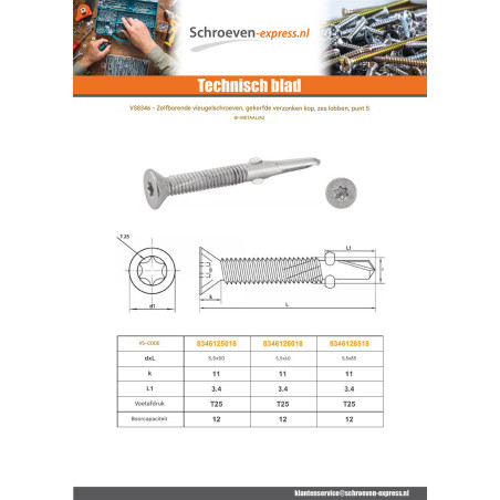1 x Zelfborende schroef Bimetaal gefreesde kop TORX T25 boor lange 5,5X60