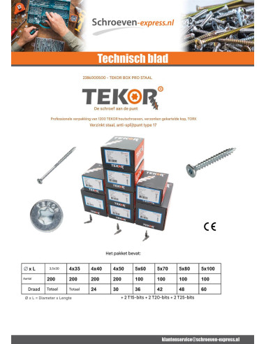 1 x TEKOR PAK PRO 1200 Schroeven gefreesde kop...