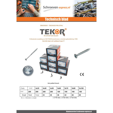 1 x TEKOR PAK PRO 1200 Schroeven gefreesde kop kartel TORX Wit verzinkt staal
