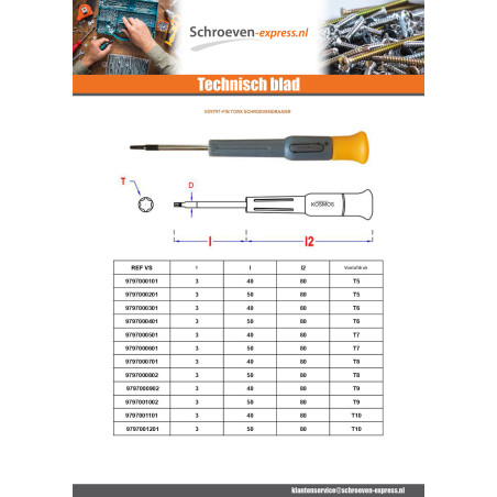 1 x Schroevendraaier einde T7 totale lengte 80 lengte metalen staaf 40