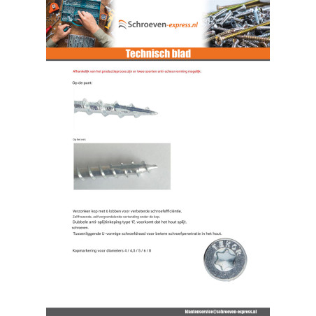 1 x Frameschroef TEKOR gefreesde kop kartel TORX T40 8X280 bedraad op 100 anti-splijtpunt type 17 cut Wit verzinkt staal