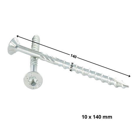 1 x Frameschroef TEKOR gefreesde kop kartel TORX T40 10X140 bedraad op 80 anti-splijtpunt type 17 cut Wit verzinkt staal