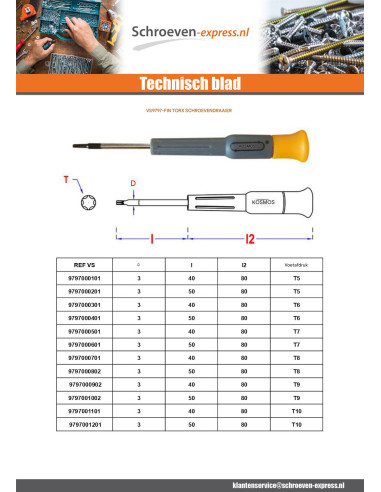 1 x Schroevendraaier einde T7 totale lengte 80...