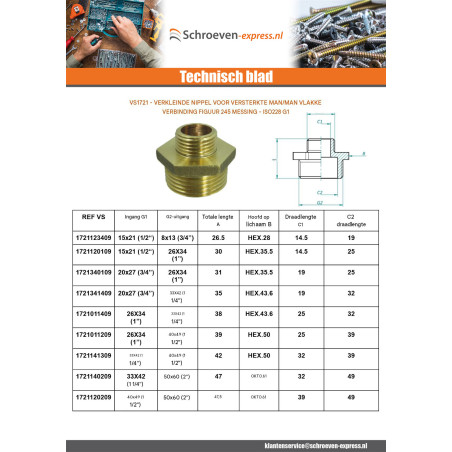 1 x Gereduceerde nippel Figuur 245 voor plat gewricht Man / Man versterkt 45x55 (1"3/4) X 50x60 (2") Messing