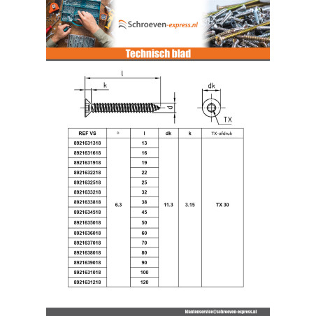 1 x Metaalplaatschroef gefreesde kop 3.5X45 TORX T15 A4 RVS