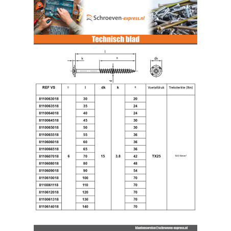 1 x Houtconstructieschroef schrijfkop RVS A2 8X200 bedraad op 80 TORX T40 kopdiameter 20