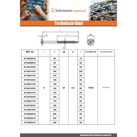 1 x Houtconstructieschroef schrijfkop RVS A2 8X200 bedraad op 80 TORX T40 kopdiameter 20
