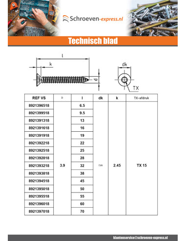 1 x Metaalplaatschroef gefreesde kop 3,5X50...