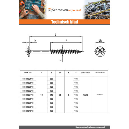 1 x Houtconstructieschroef schrijfkop RVS A2 8X200 bedraad op 80 TORX T40 kopdiameter 20