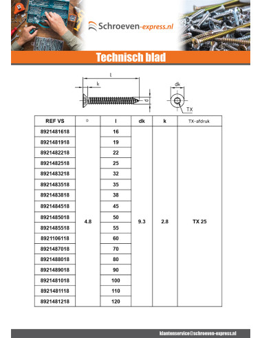 1 x Metaalplaatschroef gefreesde kop 3.9X16...