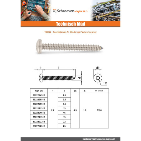 1 x Metaalplaatschroef bol cilinderkop 2.9X22 TORX T10 A4 RVS