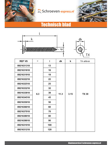 1 x Metaalplaatschroef gefreesde kop 2.9X22...