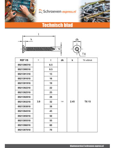 1 x Metaalplaatschroef gefreesde kop 4.8X110...