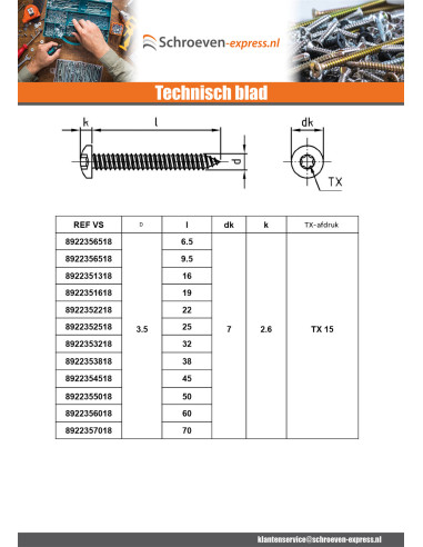 1 x Metaalplaatschroef bol cilinderkop 3,5 x...