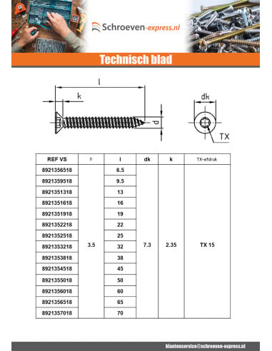 1 x Metaalplaatschroef gefreesde kop 3.9X6.5...