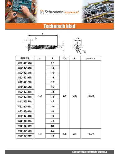 1 x Metaalplaatschroef gefreesde kop 3.9X6.5...