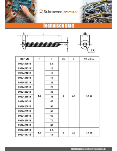 1 x Metaalplaatschroef bol cilinderkop 4.8X9.5...