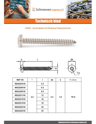 1 x Metaalplaatschroef bol cilinderkop 3.9X45...