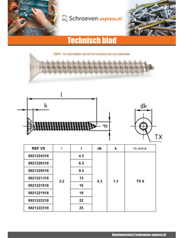 1 x Metaalplaatschroef gefreesde kop 6.3X13...