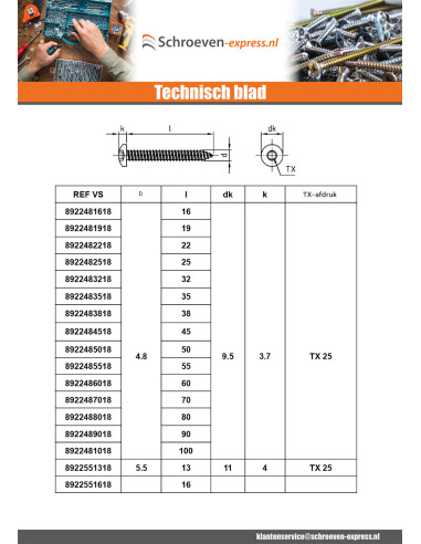 1 x Metaalplaatschroef bol cilinderkop 5,5X65...
