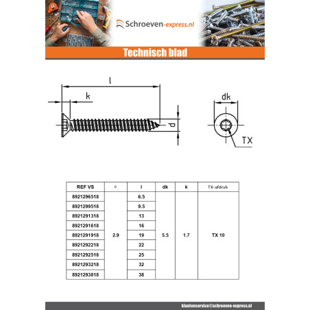 1 x Metaalplaatschroef gefreesde kop 5,5 x 16 TORX T25 A4 RVS