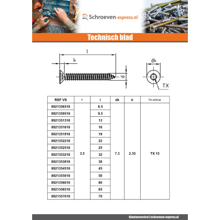 1 x Metaalplaatschroef gefreesde kop 5,5 x 16 TORX T25 A4 RVS
