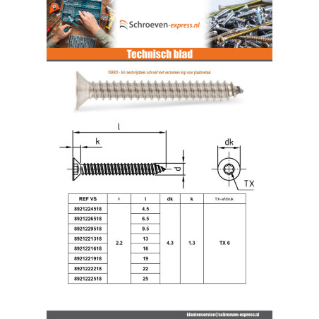 1 x Metaalplaatschroef gefreesde kop TORX T25 4.8X60 A4 RVS
