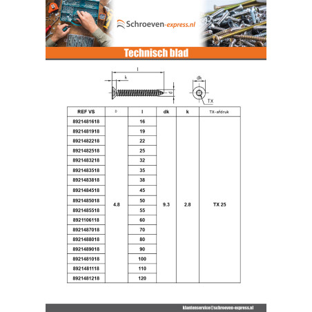 1 x Metaalplaatschroef gefreesde kop TORX T25 4.8X60 A4 RVS