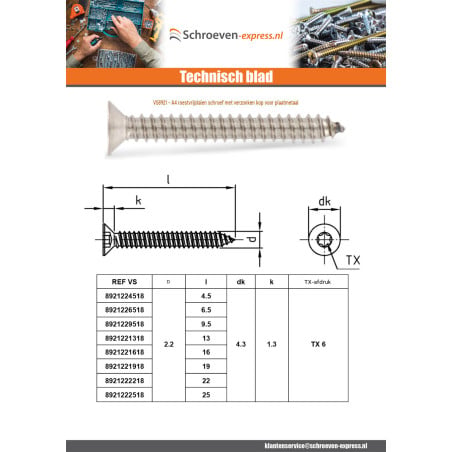 1 x Metaalplaatschroef gefreesde kop 5.5X32 TORX T25 A4 RVS