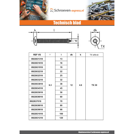 1 x Metaalplaatschroef bol cilinderkop 6,3 x 100 TORX T30 A4 RVS