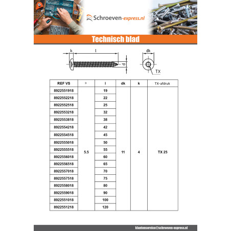 1 x Metaalplaatschroef bol cilinderkop 4.2X50 TORX T20 A4 RVS