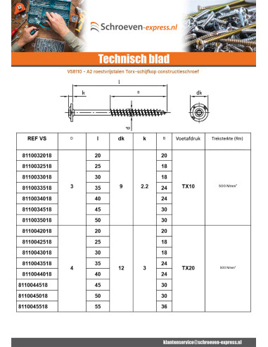 1 x Houtconstructieschroef schrijfkop RVS A2...